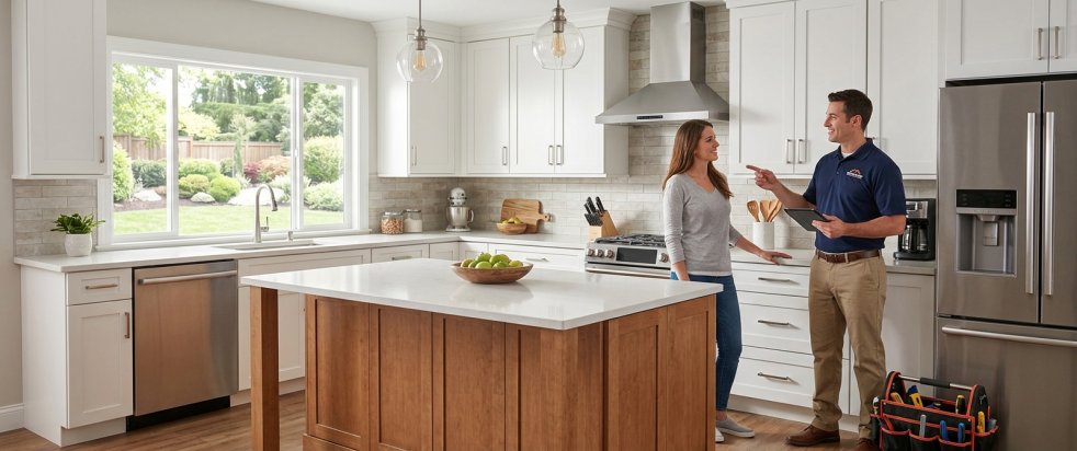 Contractor discussing kitchen remodeling with homeowner in a modern white kitchen with island and stainless appliances