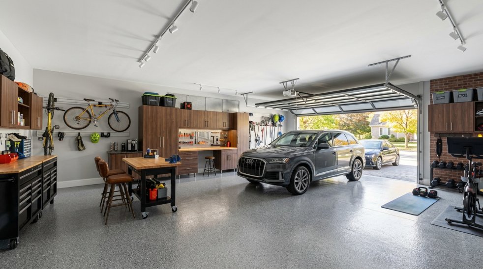 Renovated garage with storage cabinets, workbench, exercise area, and parked SUV under an open door