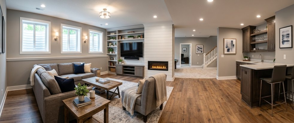 Finished basement living room with sectional sofa, fireplace, TV wall, and wet bar with seating