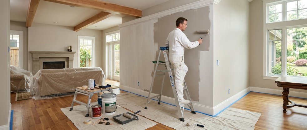 A professional painter stands on a stepladder to paint the grey interior wall of a bright, spacious living room. He uses a roller, with cans of paint and supplies organized on drop cloths nearby.