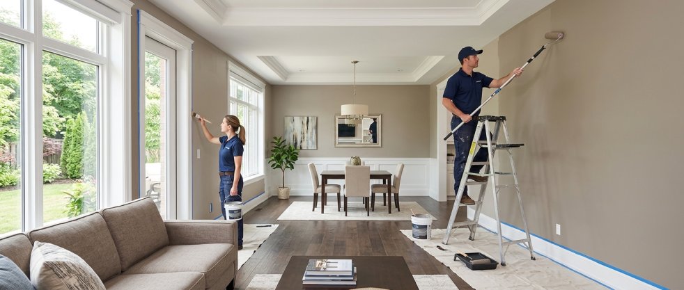 Painters painting living room and dining room walls in a bright home interior